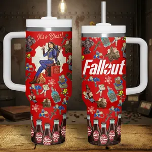 Fallout Nuka-Cola Pin-Up Girl 'It's a Blast!' Tumbler - Retro Vault Dweller & Bottlecap Pattern Insulated Mug with Handle & Straw - Perfect for Wasteland Wanderers & RPG Gamers