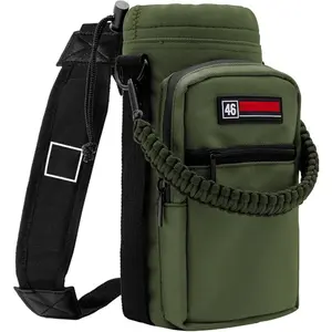 Water Bottle Holder with Adjustable Strap - 26/32/36/40/46/64oz Insulated Water Bottle Sling Carrier with Paracord Handle & 2 Pockets, Outdoor Sports, Hiking, Camping, Gym