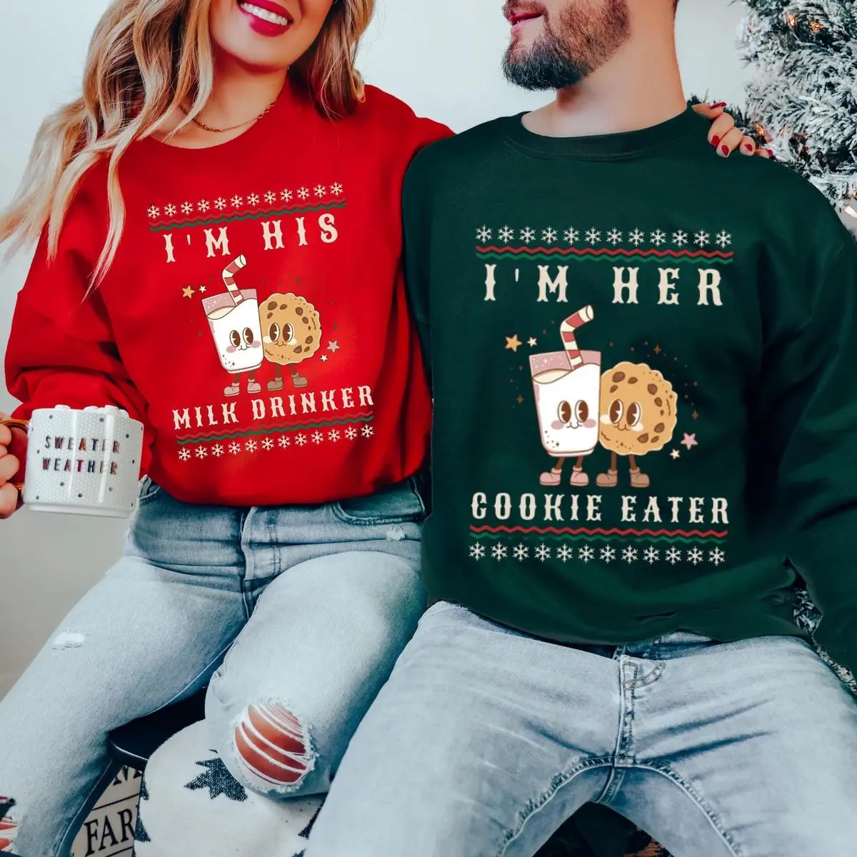 Matching Christmas Couple Sweaters, Holiday Couples Sweatshirt, Funny Christmas Sweats for Couples, I’m His Milk Drinker & I’m Her Cookie Eater, Christmas Couple Gift