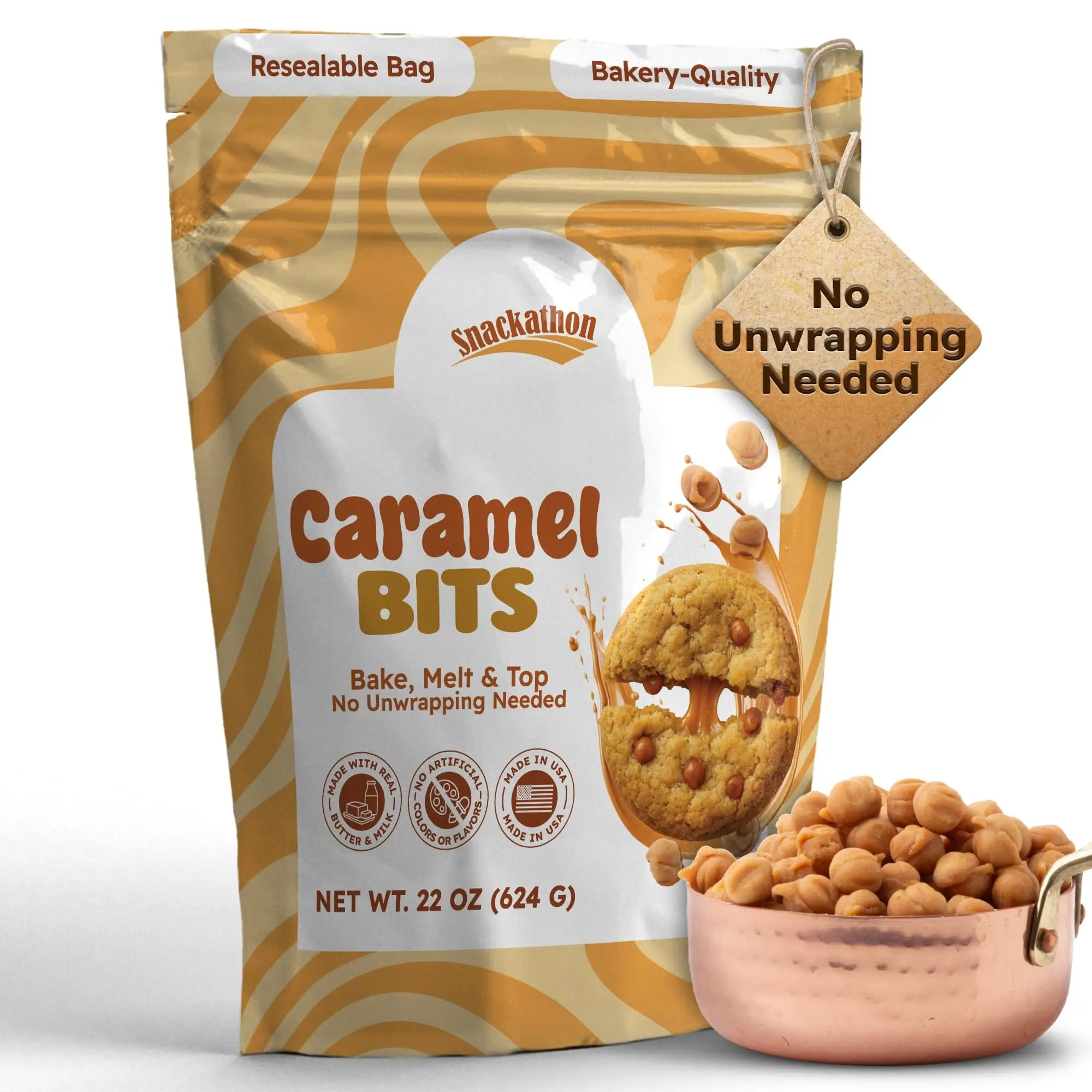 Snackathon Caramel Bits, Buttery Baking Caramel Chips, Resealable Bags (Various Sizes)