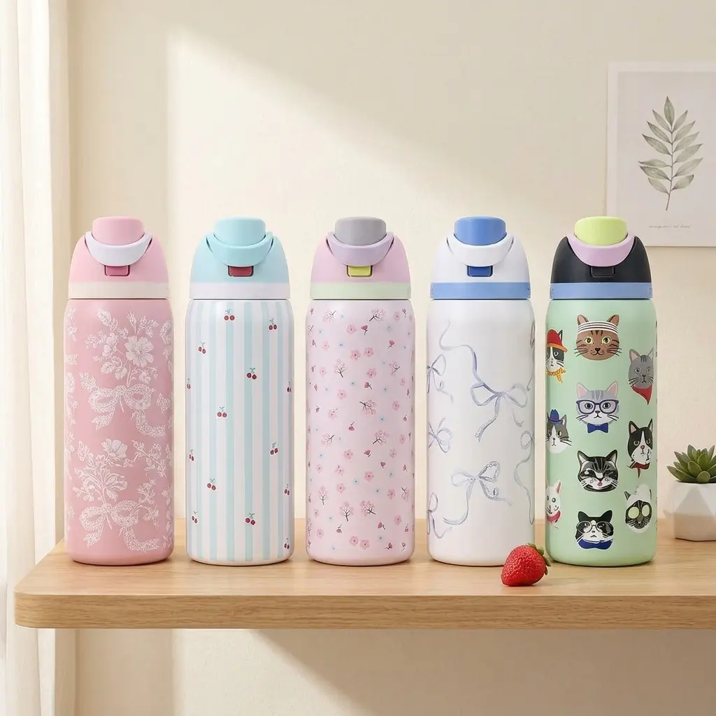Owala 32oz 2-in-1 Straw Push-Button Spout Lid 24 Hours Cold Retention FreeSip Insulated Water Bottle with Straw for Sports and Travel, Blue Bow, Cat Collage, Pillow Fight, Candy Coated, Ribbon Toile and More Designs