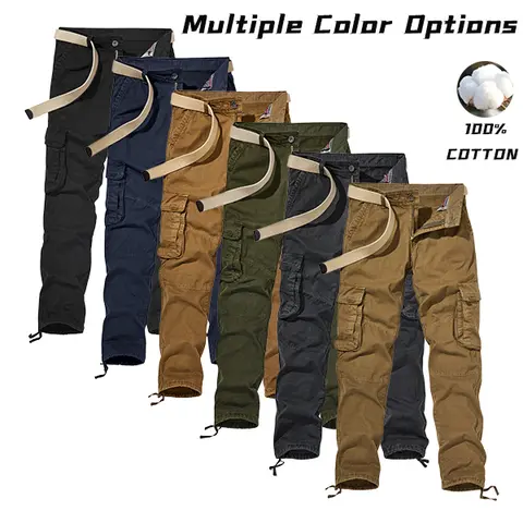 Men's Solid-Color Cargo Pants - Multiple Pockets, Durable, Fitted Cut, Mid Waist, All Seasons, Casual Street, Practical Look Trousers for Outdoor Exploration, Urban Commuting