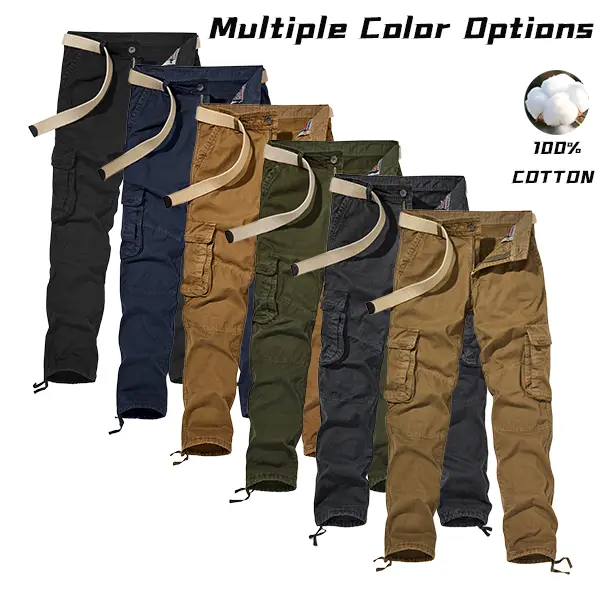 Men's Solid-Color Cargo Pants - Multiple Pockets, Durable, Fitted Cut, Mid Waist, All Seasons, Casual Street, Practical Look Trousers for Outdoor Exploration, Urban Commuting