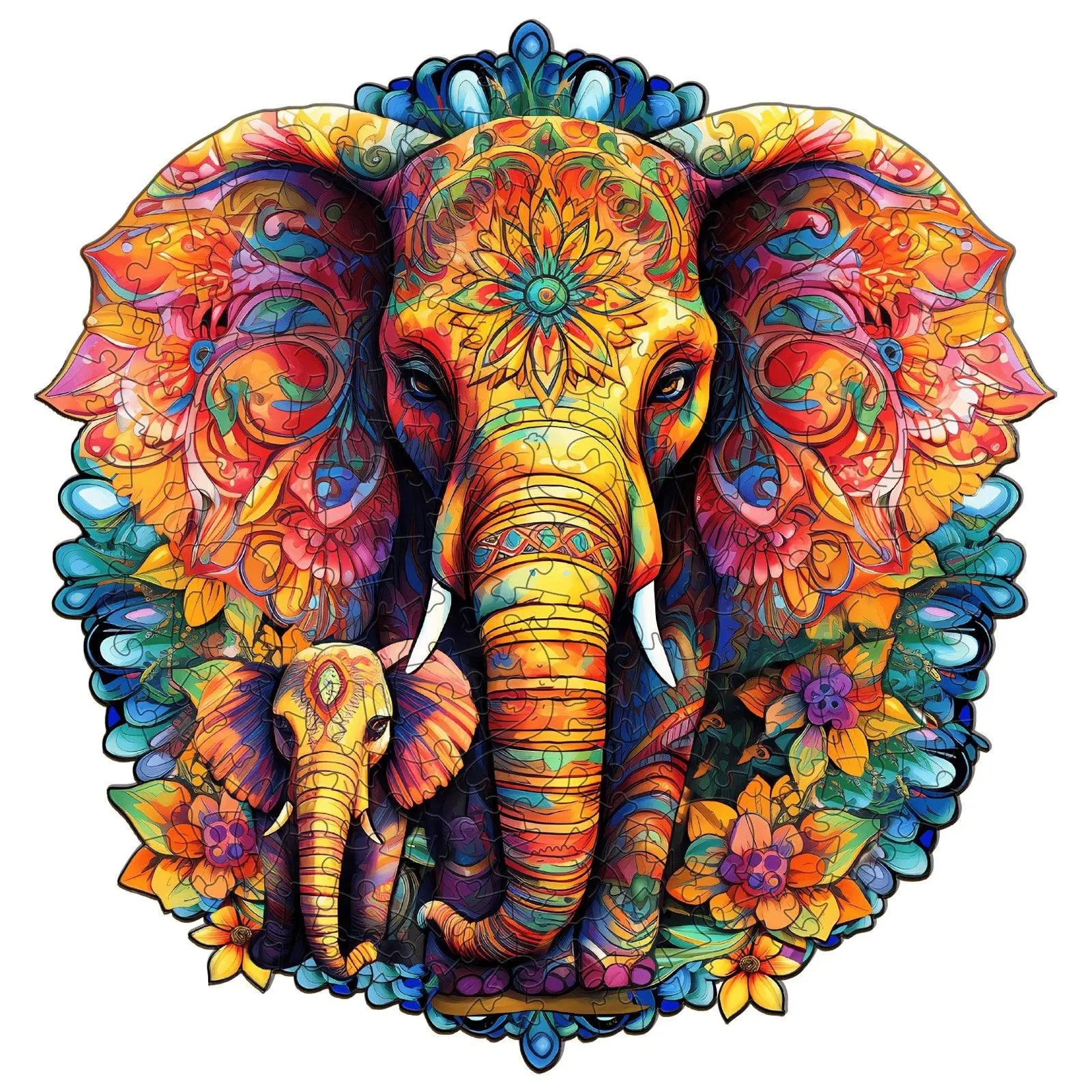 Mandala Parent-Child Elephant Beautiful Wooden Box, Wooden Jigsaw Puzzles Unique Shape, Birthday Creative Gifts for Adults and Kids Family Game Colorful