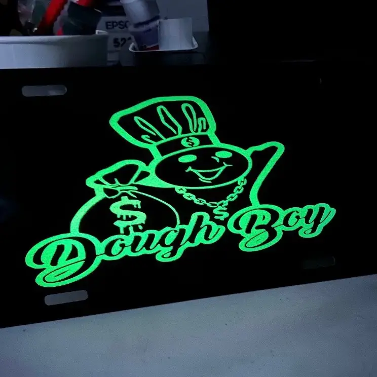 [SALE 50%] Dough Boy-Dough Girl Automotive Front License Plate, 6" x 12" Aluminum Car Exterior Accessory with 4 Mounting Slots, Absorb Light Light-Up Fluorescent Plate