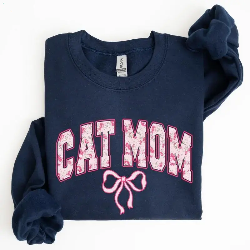 Cat Mom Coquette Sweatshirt, Pink Bow Graphic Crewneck, Cute Gift for Cat Lovers, Soft Girl Style