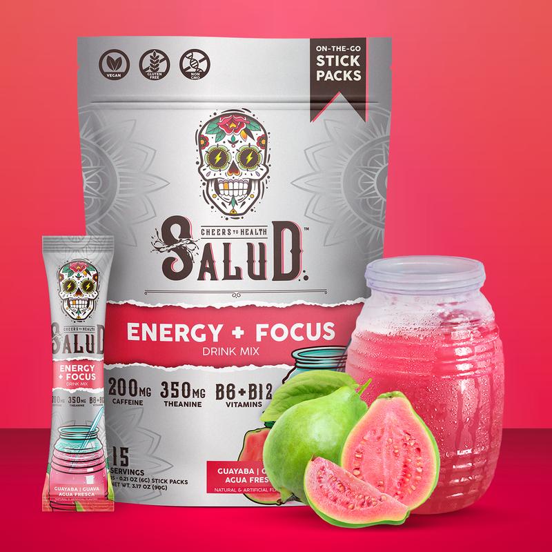 Salud 2-in-1 Energy Drink Powder + Focus, Guava, Organic Caffeine, B6 + B12, Theanine, Clean Energy Drink Packets, Guayaba Agua Fresca Mix, Non-GMO, Gluten Free, Vegan, 1g of Sugar, (15 Servings)