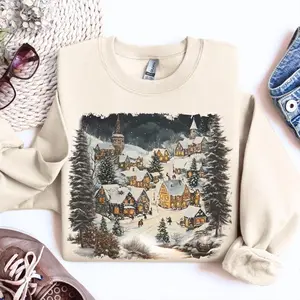 Retro Christmas Village Sweatshirt, 90s Winter Cabin Crewneck, Boho Holiday Sweater, Vintage Mountain Pine Tree Pullover, Unisex Cozy Xmas Outfit