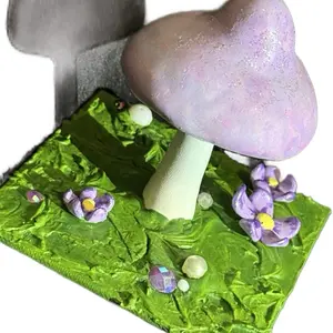 Purple Iridescent Fantasy Mushroom Sculpture Handmade Acrylic Artwork Decor Gift Unique Whimsical Macabre Style Ornament with Purple Flowers and Green Base love art figurine statue figurine fantasy lover miniature figurine