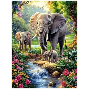 Cute Elephant Family Stream Forest Art Painting Diamond Painting 5D DIY Diamond Painting Kit Full Drill Square Round Diamonds Embroidery Cross Stitch Art Craft Home Wall Decor Unique Art Gift For Living Room Bedroom Handmade Decorative Painting Set