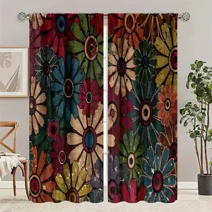 2D Flat 2Pcs Vintage Floral Pattern Curtains, Home Textile, Colorful Daisy Print, Rod Pocket Design, Semi Sunshade Polyester, For Living Room Bedroom Balcony Window Treatment, Retro Home Decor, Easy Care