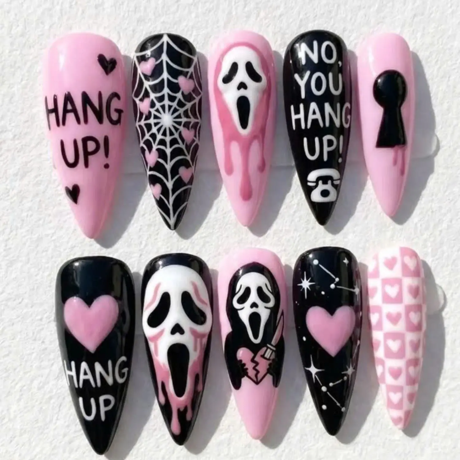 Pink Ghostface Hang Up Press On Nails Medium Stiletto Scream Horror Movie Spider Web Heart Pattern Gel Fake Nails Halloween Reusable Nails Set