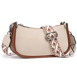 1pc Women's Color Block Faux Leather Crescent Bag Detachable Adjustable Geometric Pattern Wide Strap Crossbody Bag Double Zipper Compartment Large Capacity Phone Bag Commute Shopping Shoulder Hobo Bag