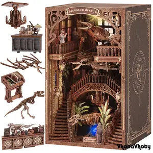 [2025 New] Dinosaur Museum Book Nook Kit with Dust Cover & LED Light, DIY Miniature House Kit Toy for Kid, 3D Wooden Puzzle Bookshelf Decor Building Kit, Birthday Gifts for Family & Friends