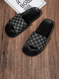 Men's Stylish Monogram Print Slide Sandals, Non-Slip Soft Sole, Open Toe Slippers, Comfortable Casual Summer Slides for Daily Wear, Open Toed Slippers