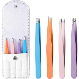 4Pcs Mini Tweezers Set, Micro Tweezers Stainless Steel Precision Eyebrow Tweezer for Facial Hair Removal, Travel Size With Leather Case