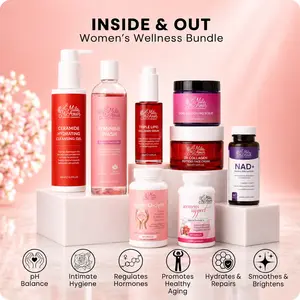 Inside & Out Women’s Wellness Bundle – Feminine Care, Intimate Hygiene, Probiotic Support, Hormone Balance, Collagen Skincare & NAD+ Supplement Set for Women (8-Piece Collection)