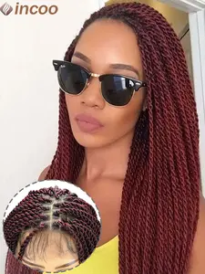 26 Inch Twist Braided Wigs Box Braided Lace Front Wig For Black Women Colored 1B Burgundy Synthetic Full Lace Frontal Wig Faux Locs Wig Goddess Box Braids Wigs