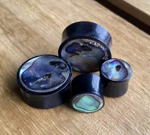 PAIR of Stunning Organic Horn with Abalone Inlay Plugs - Gauges 4g (5mm) up to 7/8" (22mm)