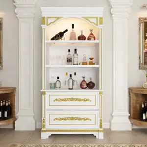 Vintage Decorative Arch Bookcase - 2 Drawers & 3 Shelves Display Bookshelf with Carved Patterns White & Gold Finish