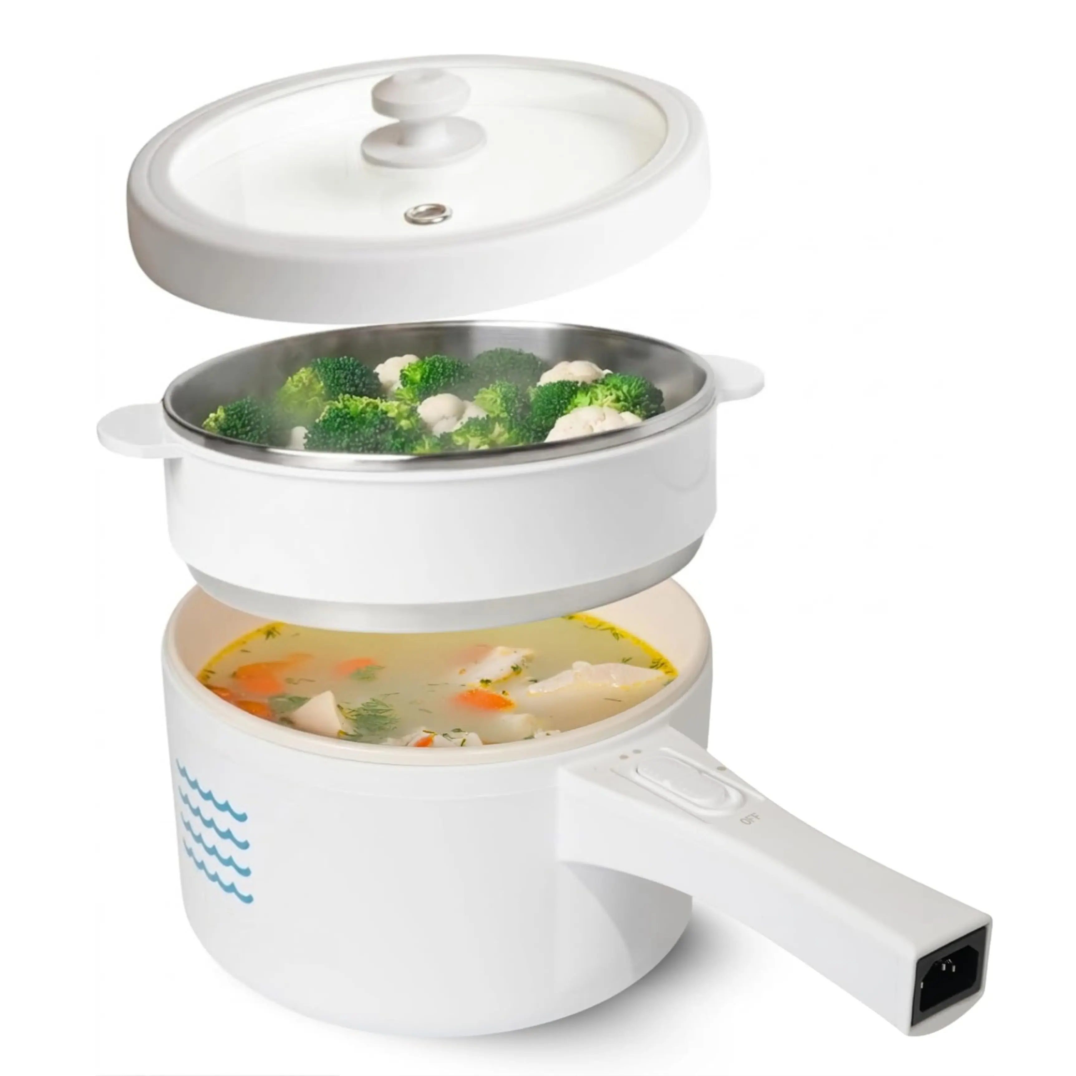 600W 2L Non-Stick Electric Hot Pot with Steamer - Portable Multi-Cooker Appliance, Adjustable Temperature for Office, Dorm (White), Appliances