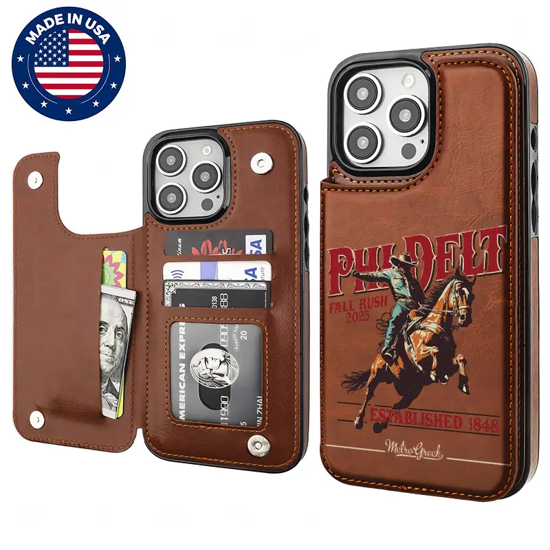 Phi Delt Custom Cowboy Horse Leather Pattern Cellphone Cover, TPU-PU Leather Card Holder Accessory with Drop-Shock & Anti-Scratch Protection, Aesthetic Case for Samsung 22/23/24/25 & iPhone 17/16/15/14/13/12 Plus Pro Max