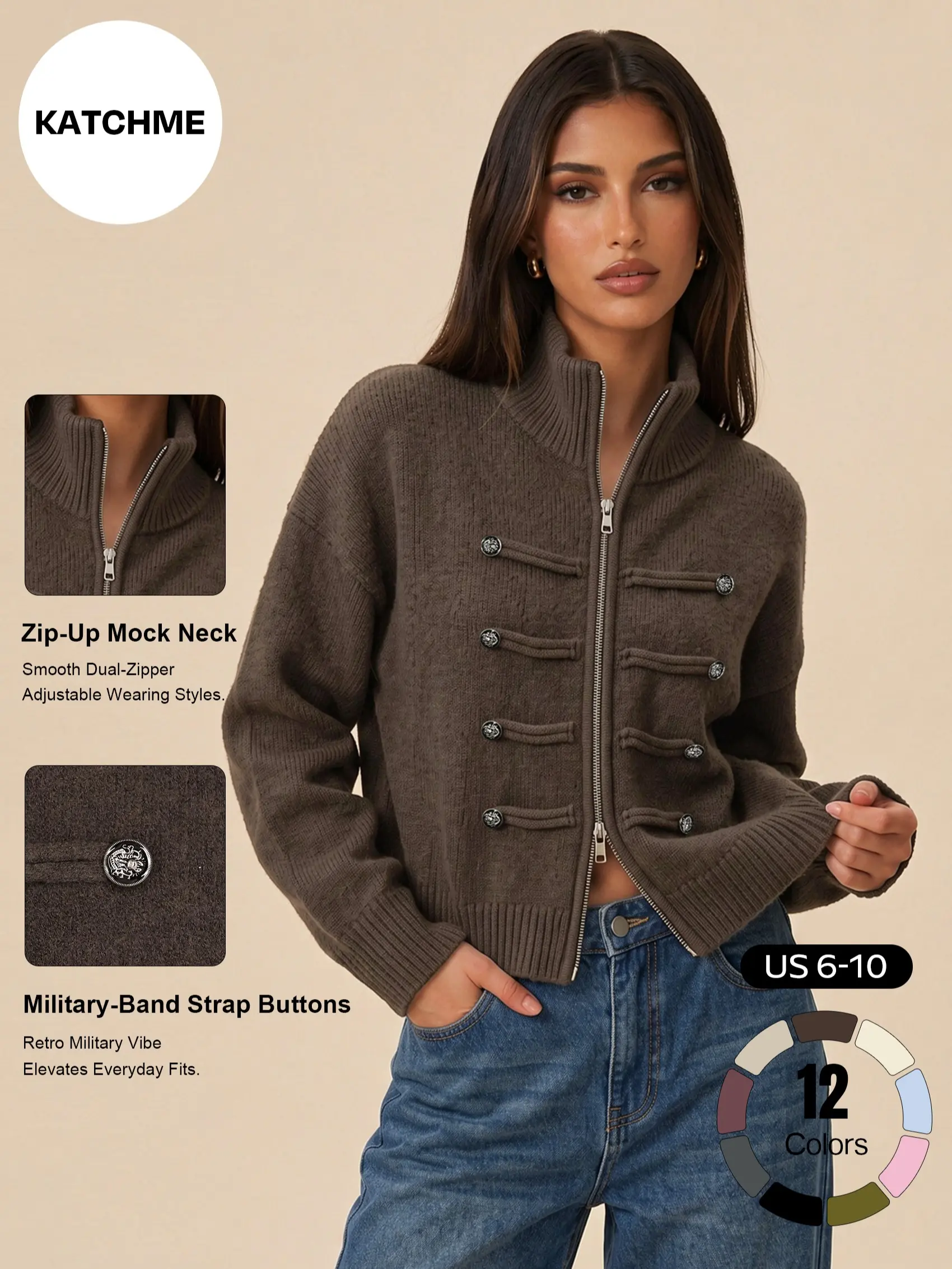 Katch Me Chic Women's Napoleon Military Band Style Double Zipper Cropped Knit Cardigan, Slouchy Mock Neck Metal Button Decor Sweater Jacket, Cozy Warm Pill-Resistant Long Sleeve Outerwear for Fall & Winter #TikTokMadeMeBuyIt #SohoChic