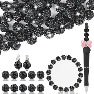 Household daily necessities Clay Rhinestone Beads for Crafting, 10MM Black Round Shamballa Disco Ball Beads for Pens Making, Sparkle Crystal Clay Bead for Jewelry Necklace Bracelet Earring Making 50Pcs