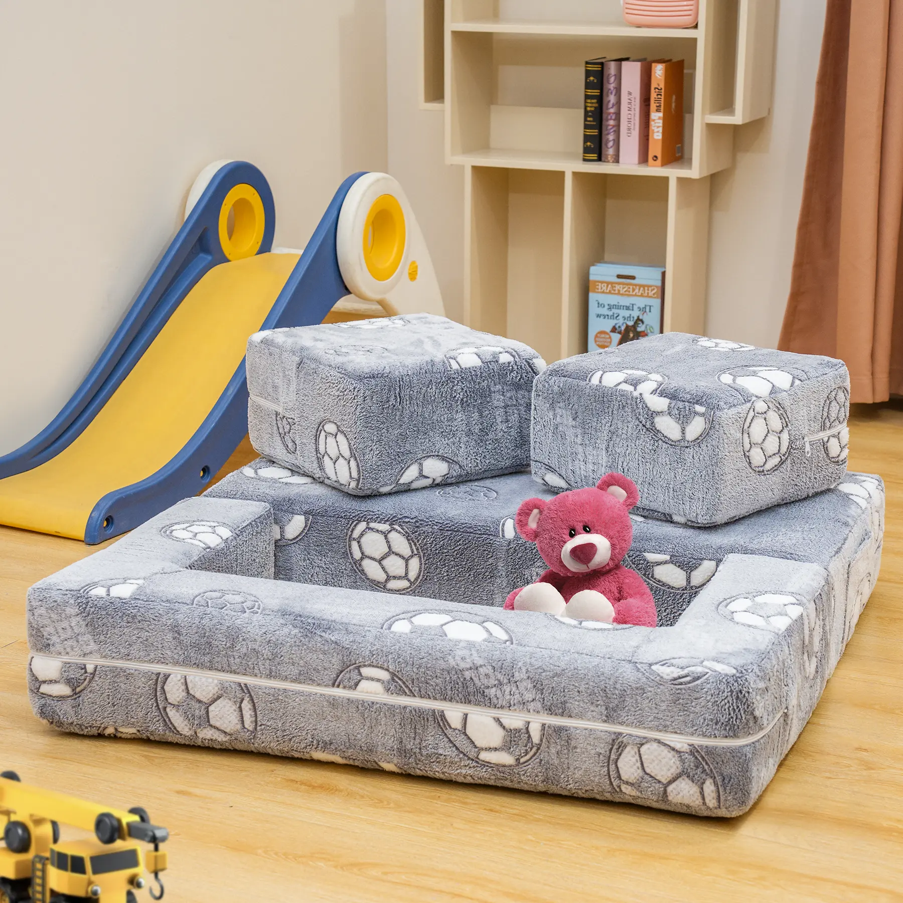 Lamerge Modular Glow-in-the-Dark Play Couch, Convertible Fold-Out Foam Core Sofa with Soft Durable Cushions, 2-Seater Kids’ Furniture for Playroom & Bedroom (Bean Bag Design), Floor Cushion