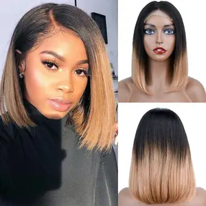 Short Straight Bob Wigs Human Hair 4x4x1 T Part Lace Closure Wig Ombre 1B Blonde #27/Orange/BURG/Darkgreen Blonde Wigs Brazilian Wig