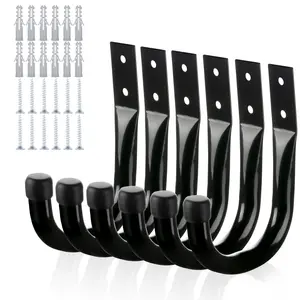Heavy Duty Garage Hooks for Hanging, 6Pcs Large Metal Garage Storage Hooks for Extension Cord Tool Cable Gun, Wall Mount J Utility Hooks, Black Wall Hangers for Hat Backpack