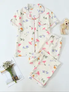 Women's Two-Piece Pajama Set Loungewear Nightwear, Casual Comfortable Lapel Pocket Woven Shirt Short Sleeve + Elastic Waist Home Pants, All-Season Floral Print