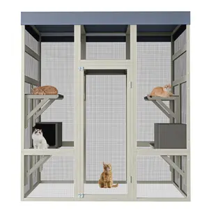 62.6" Outdoor Wooden Catio for Cats – Large Gray Cat Enclosure with Waterproof Roof, 2 Cozy Resting Boxes & Multi-Level Platforms, Secure Rust-Proof Wire Mesh Cage for Patio, Backyard or Balcony, Safe Outdoor Cat House Shelter Playpen