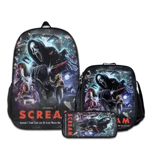 3PCS Backpacks for Girls Set, Cute Scream-7 School Backpack for Boys with Lunch Box and Pencil Case, Aesthetic Bookbag for Teens, Lightweight Classic Backpack for Travel, Work, Picnic