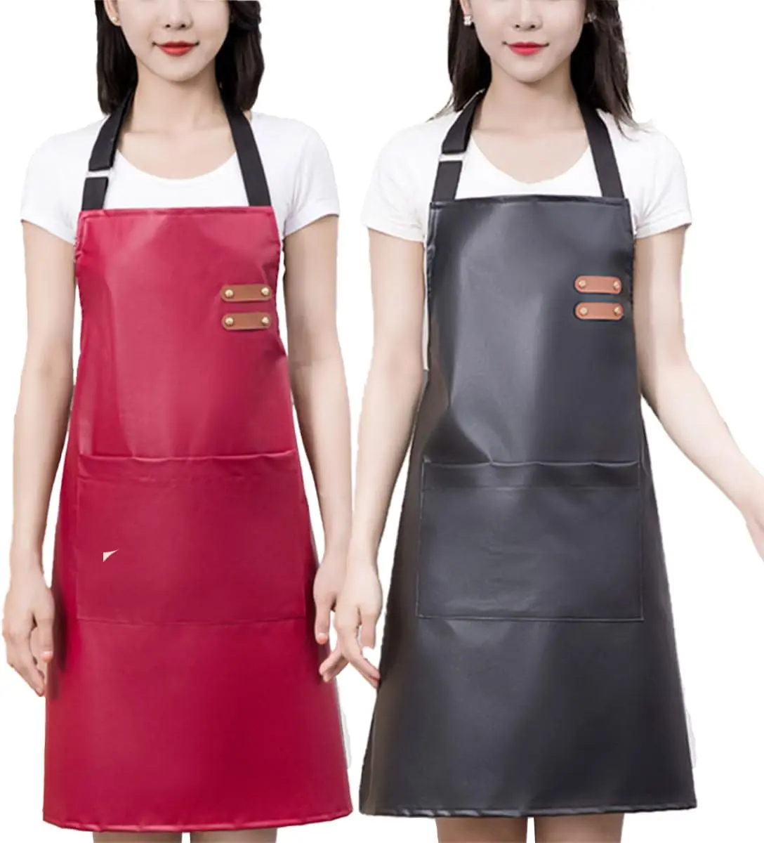 Apron Large Pocket PU Material  Oil-proof Dust-proof Apron Black and Red