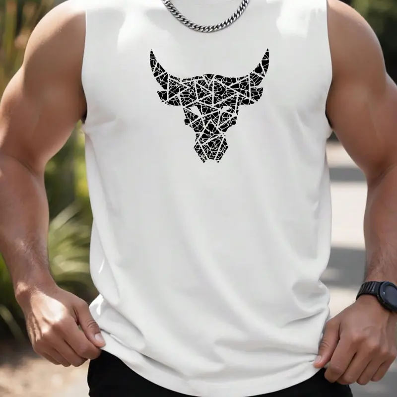 Men's Bull Head Print Round Neck Tank Top, Casual Quick Drying Breathable Sleeveless Top, Activewear Sleeveless, Athletic Workout Clothing for Gym Workout Running, Sports Tank Tops, Men's Clothes for Summer, Vests