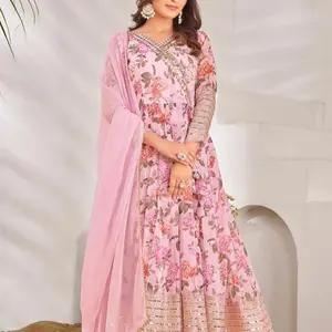 PARTY WEAR GEORGETTE EMBROIDERY SEQUENCE WORK GOWN BOTTOM WITH DUPATTA BABY PINK
