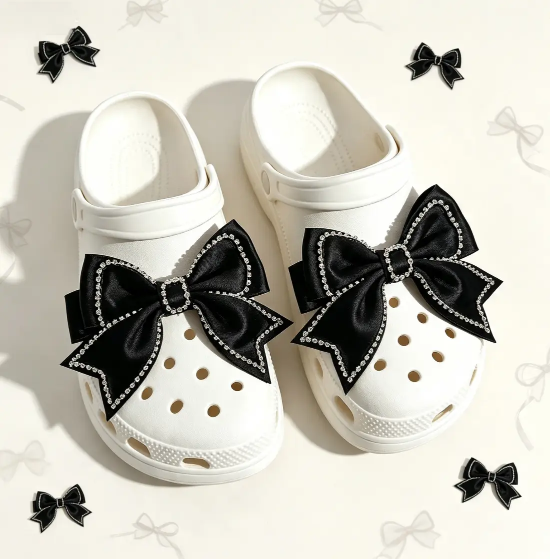Black Satin Rhinestone Bow Shoe Charms Set of 2, Sparkly Bowknot Shoe Decor Charms, Detachable DIY Shoe Accessories Decorations for Clogs, Fashion Party Shoe Embellishments, Ideal Gift for Women and Teen Girls