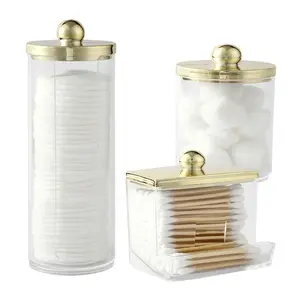 1/3pcs Qtip Holder Dispenser Clear Golden Plastic Round Traditional Apothecary Jar Containers Bathroom Vanity Accessories Set Storage Box Organizer for Storage Swab, Ball, Pads, Floss, Canisters Airtight Dispenser