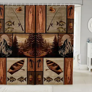 Fish Shower Curtain,Smoky Mountain Bathroom Shower Curtain,Fish Hook Fishing Theme Bath Curtain,Sea Animal Farmhouse Bathroom Accessories Washable