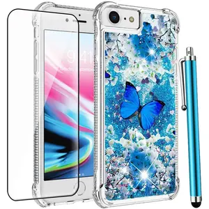 for  SE 2022 Case (3rd Gen)/ SE 2020, 8/7/6S/6 Case with Tempered Screen Protector,Glitter Bling Liquid Cute Women Girls Girly TPU Protective Phone Case-Blue Butterfly