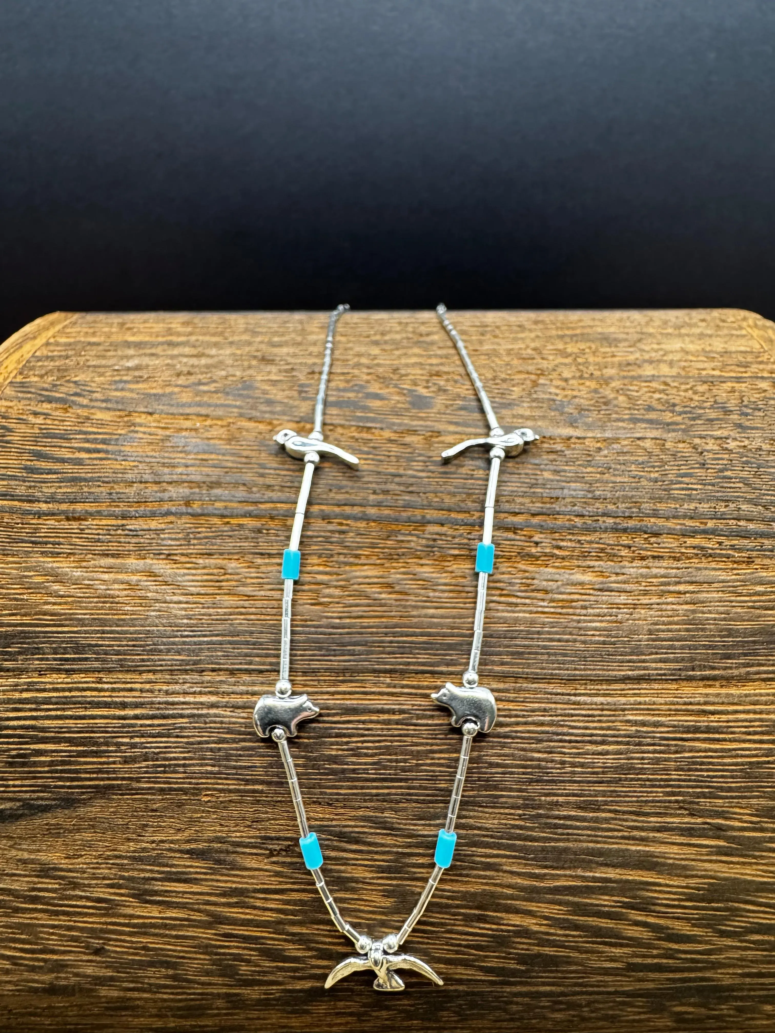 Multi Animal Liquid Silver Necklace - Blue Beeds - Sterling Silver