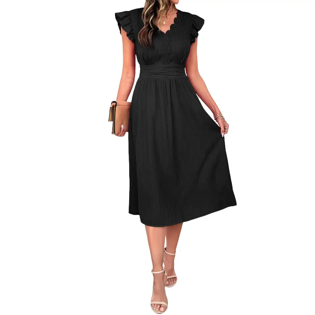 Shewin Women's Minimalist Casual Pull-On V-Neck Ruffled Cap Sleeve Scalloped Lace Trim Midi Dress - 35% Polyester-Elastane Textured Viscose Blend, Ruched Waist, A-Line Fit, Plain, Airy Weave Keeps You Fresh, Imported for Daily Wear, Going Out