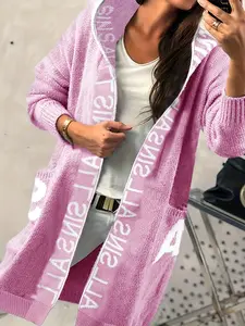 Women's Plus Size Letter Print Hooded Cardigan, Casual Loose Long Sleeve Open Front Sweater Coat with Pockets, Fall Winter Fashion Outerwear, Knitwear, Womenswear