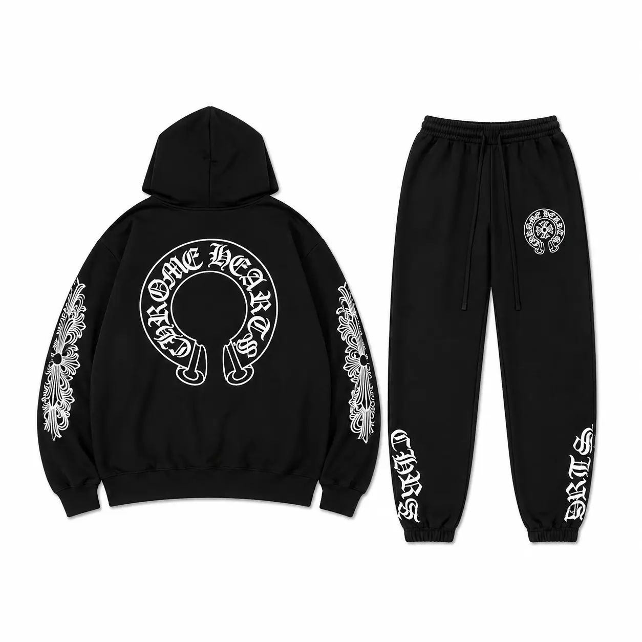 Gothic Cross Graphic Hoodie & Joggers Set – Unisex 2-Piece Oversized Streetwear Tracksuit, Black Pullover Hoodie & Sweatpants, Long Sleeve Casual Loungewear Outfit for Men & Women