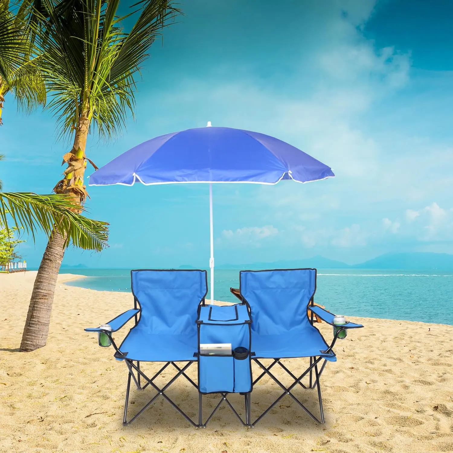 Folding Double Camping Chair - Portable Foldable Picnic Chair with Umbrella, Beverages Holder, Carrying Bag, Cooler, Fold-Up Table, Large Bearing Capacity for Beach, Patio (Blue)