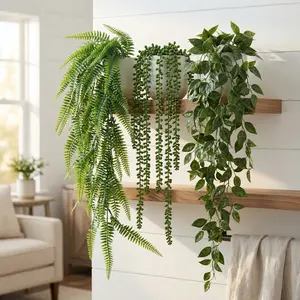 KIRIFLY 4Pcs Fake Plants Artificial Indoor Plants Boston Leaves String of Pearls Ivy Leaves Hanging Green Plants For Home Bathroom Farmhouse Room Shelf Festival Party Decoration