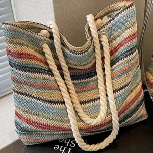 Rattan Straw Fabric Woven Women Tote Bag Rainbow Colour Large Beach Summer Bag