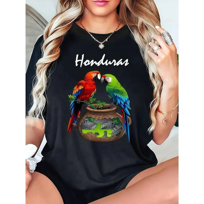 Women's Honduras Parrot Graphic T-Shirt - 100% Cotton Garment, Loose Fit Round Neck Casual Short Sleeve Women's Clothes, Streetwear Top for Daily Wear Clothes