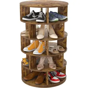 Aheaplus Rotating Shoe Rack, 5-Tier Wood Shoe Organizer for Closet, 360° Spinning Shoe Rack Tower Space-Saving Shoe Storage Shelf for Entryway, Garage, Bedroom, Rustic Brown